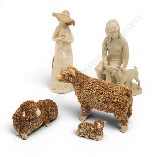 2 MODELLED PORCELAIN FIGURES H190MM & 3 PORCELAIN SHEEP ORNAMENTS
