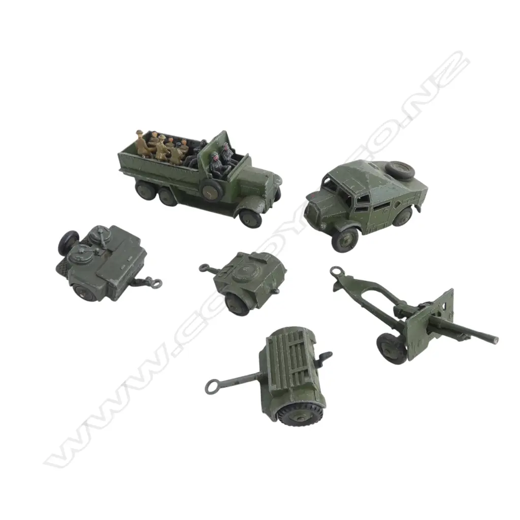 ASST. DINKY ARMOURED MILITARY MODELS; 2 TRUCKS, CANNON, 2 TRAILERS & TROOPS etc Image 1++