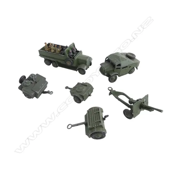 ASST. DINKY ARMOURED MILITARY MODELS; 2 TRUCKS, CANNON, 2 TRAILERS & TROOPS etc