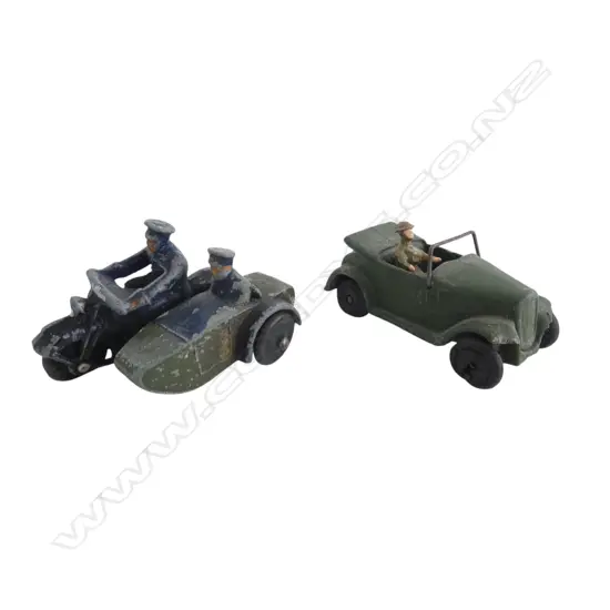 2 PCES OF DINKY; MOTORCYCLE, SIDECAR & STAFF CAR L.50mm