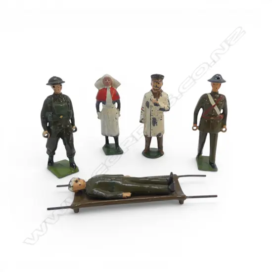 BRITAINS HOLLOW CAST STRETCHER BEARERS, NURSE, MILITARY MEDIC + WOUNDED SOLDIER H.55mm
