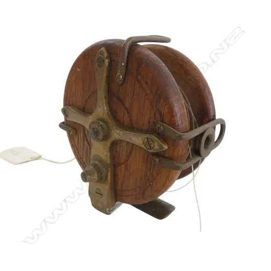ANTIQUE WOOD & BRASS REEL 