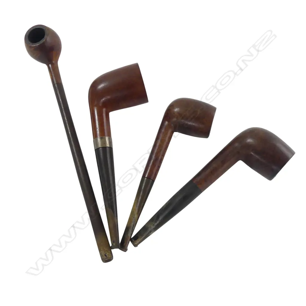 4 ANTIQUE BRIAR WOOD PIPES one w. stg silver collar Image 1++