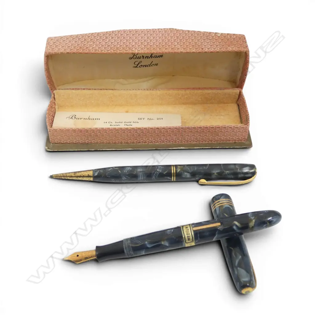 VINTAGE BURNHAM LONDON marbleised plastic FOUNTAIN PEN & PENCIL SET 14ct gold nib  Image 1++