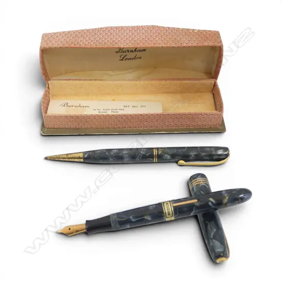 VINTAGE BURNHAM LONDON marbleised plastic FOUNTAIN PEN & PENCIL SET 14ct gold nib 
