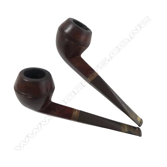 2 ANTIQUE SAMUEL WEINGOTT BRIAR WOOD PIPES w. 9ct gold collars