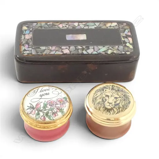 EARLY 19thC BLACK LACQUER SNUFF BOX + 2 modern BATTERSEA ENAMEL small BOXES