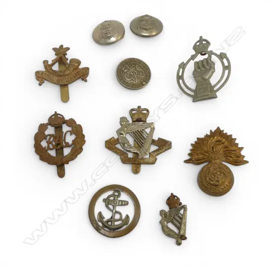 4 CAP BADGES + 3 BUTTONS & 3 OTHERS; IRISH HUSSARS, ROYAL FUSILIERS etc (10)