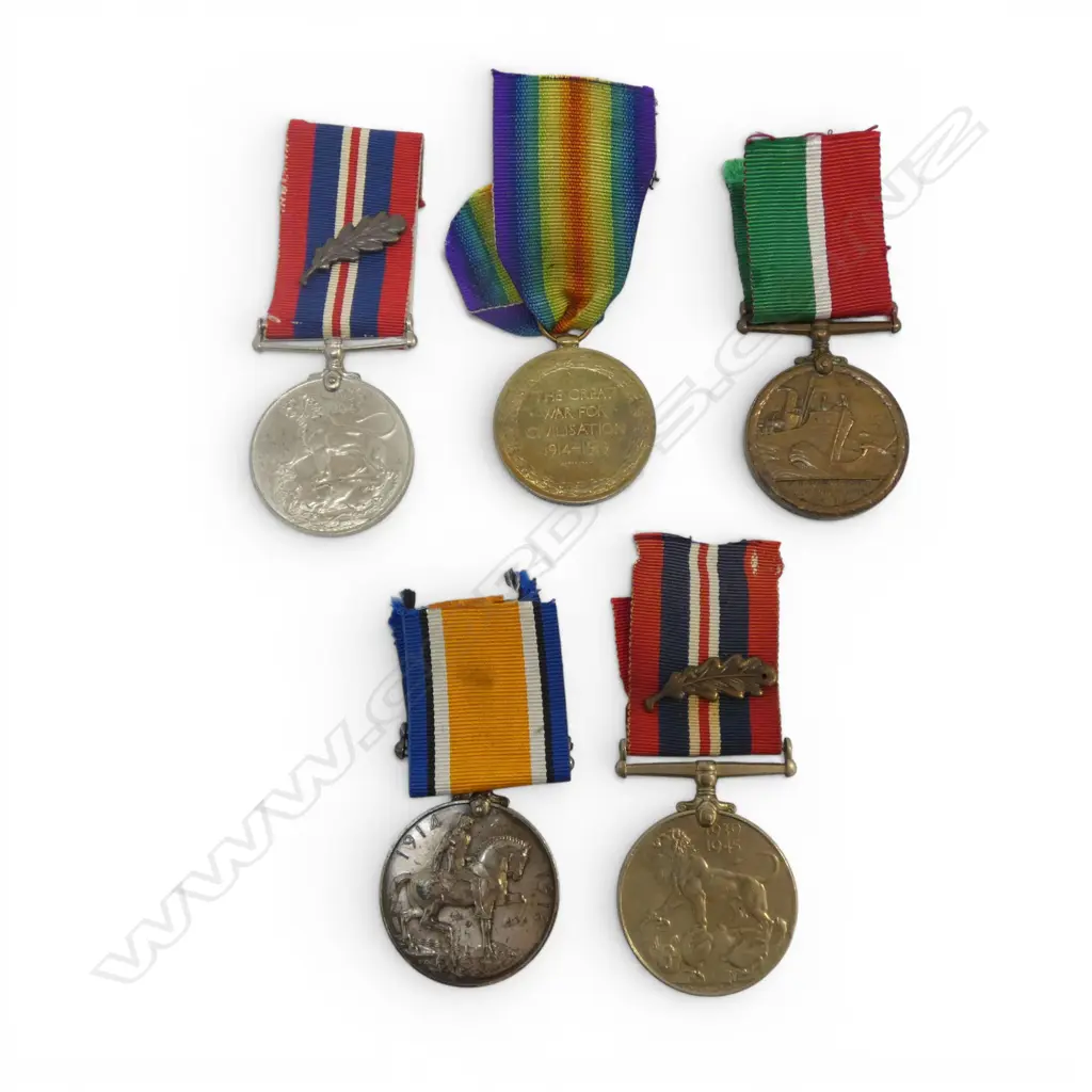 5 EARLY 20thC MEDALS; 2 1939-1945, THE GREAT WAR FOR CIV. 1914-19, 1914-18 & MERCANTILE MARINE 1914-18 Image 1++