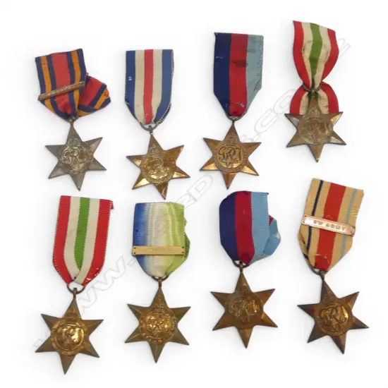 8 STAR MEDALS ; FRANCE & GERMANY, BURMA, AFRICA, ATLANTIC, 2 1939-45 & 2 ITALY