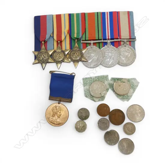 6 MOUNTED WWII BRITISH & COMMONWEALTH CAMPAIGN MEDALS w FASTENING VERSO & QUEEN E II COMMEMORATIVE MEDAL & COINS