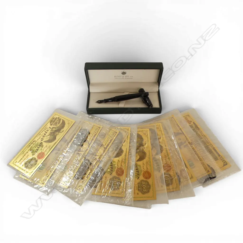MONTEVERDE FOUNTAIN PEN & 8 x 24k PLATED COMMEMORATIVE US BANKNOTE REPLICAS Image 1++