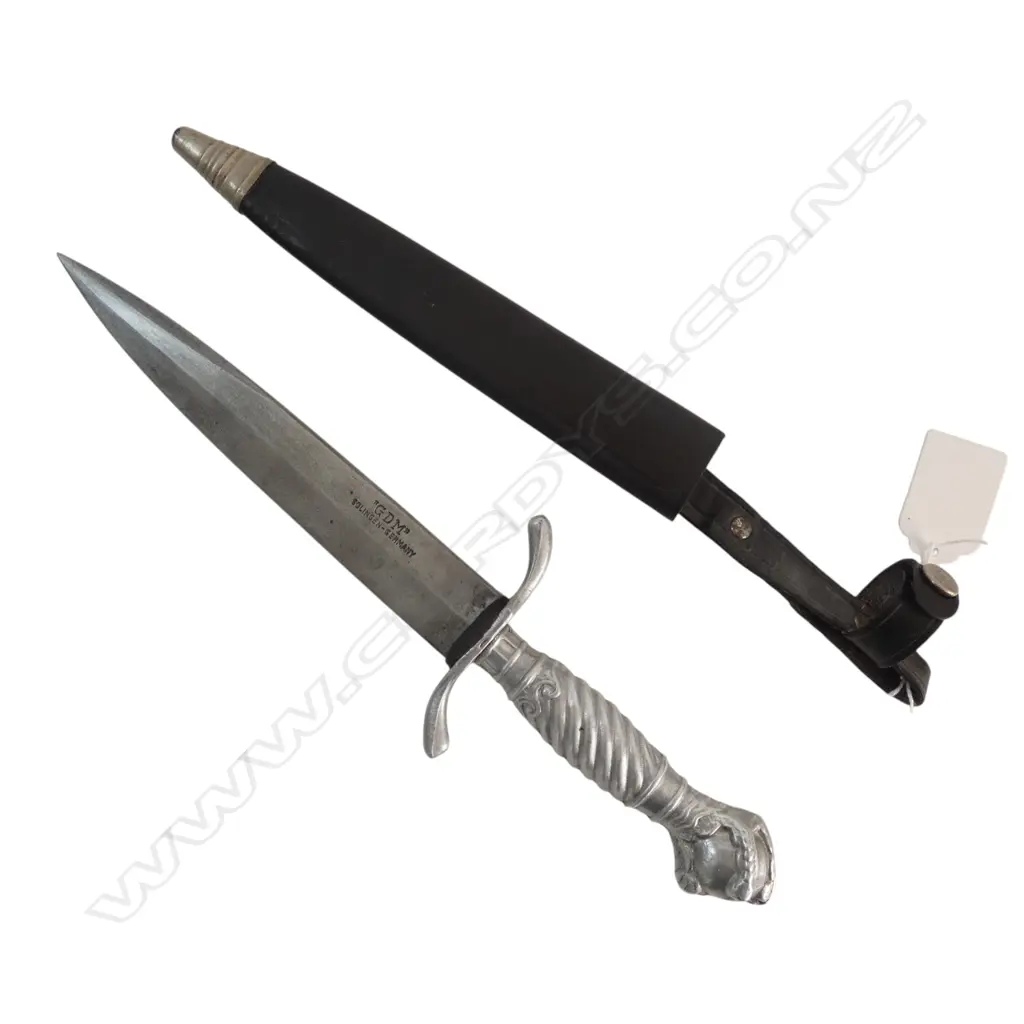GERMAN BALL & CLAW VINTAGE HUNTING DAGGER MADE IN SOLINGEN, LEATHER SCABBARD, L.250mm Image 1++