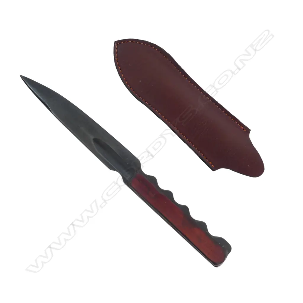 CUSTOM BOOT KNIFE w. WOOD HANDLE & LEATHER SHEATH L.225mm Image 1++
