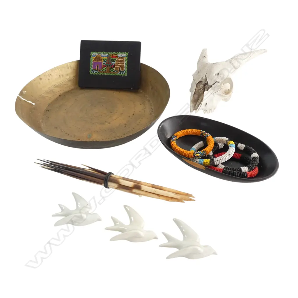 BRASS DISH DIA320 CONTAINING EBONY BOWL L200MM GOATS SKULL 4 MAASSAI BEAD BRACLETS STITCH PICTURE  3 CHINA WALL SWALLOWS Image 1++