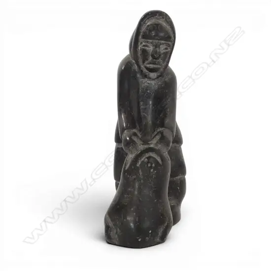 ESKIMO CARVED STONE SCULPTURE figure with marine mammal H.125mm