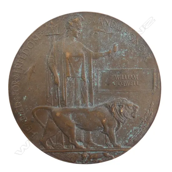 BRONZE WWI DEAD MANS PENNY 'WILLIAM GOSWELL' 120mm dia