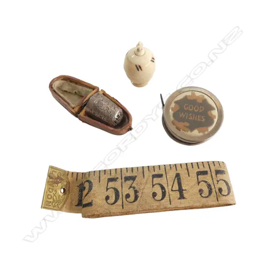 ASST SEWING IMPLEMENTS: 2 tape measures. Bone pot w screw lid - damaged + cased thimble