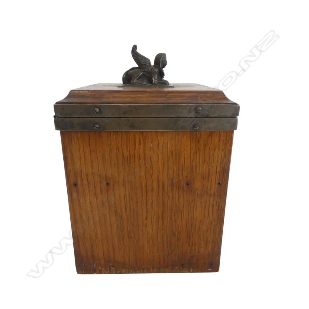 EDWARDIAN OAK TEACADDY w WINGED SPHINX FINIAL Image 1++
