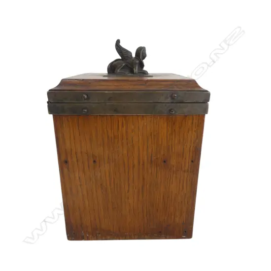 EDWARDIAN OAK TEACADDY w WINGED SPHINX FINIAL