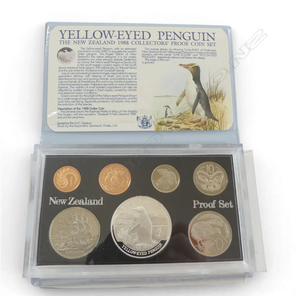 N.Z. 1988 YELLOW-EYED PENGUIN PROOF COIN SET .925 silver $1 coin 27.216gms Image 1++