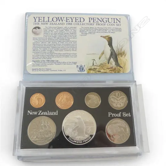N.Z. 1988 YELLOW-EYED PENGUIN PROOF COIN SET .925 silver $1 coin 27.216gms