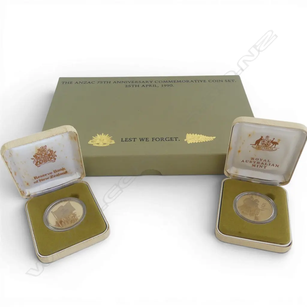 BOXED 1990 N.Z. & AUS. ANZAC 75th ANNIVERSARY COMMEMORATIVE $5 COIN SET Image 1++