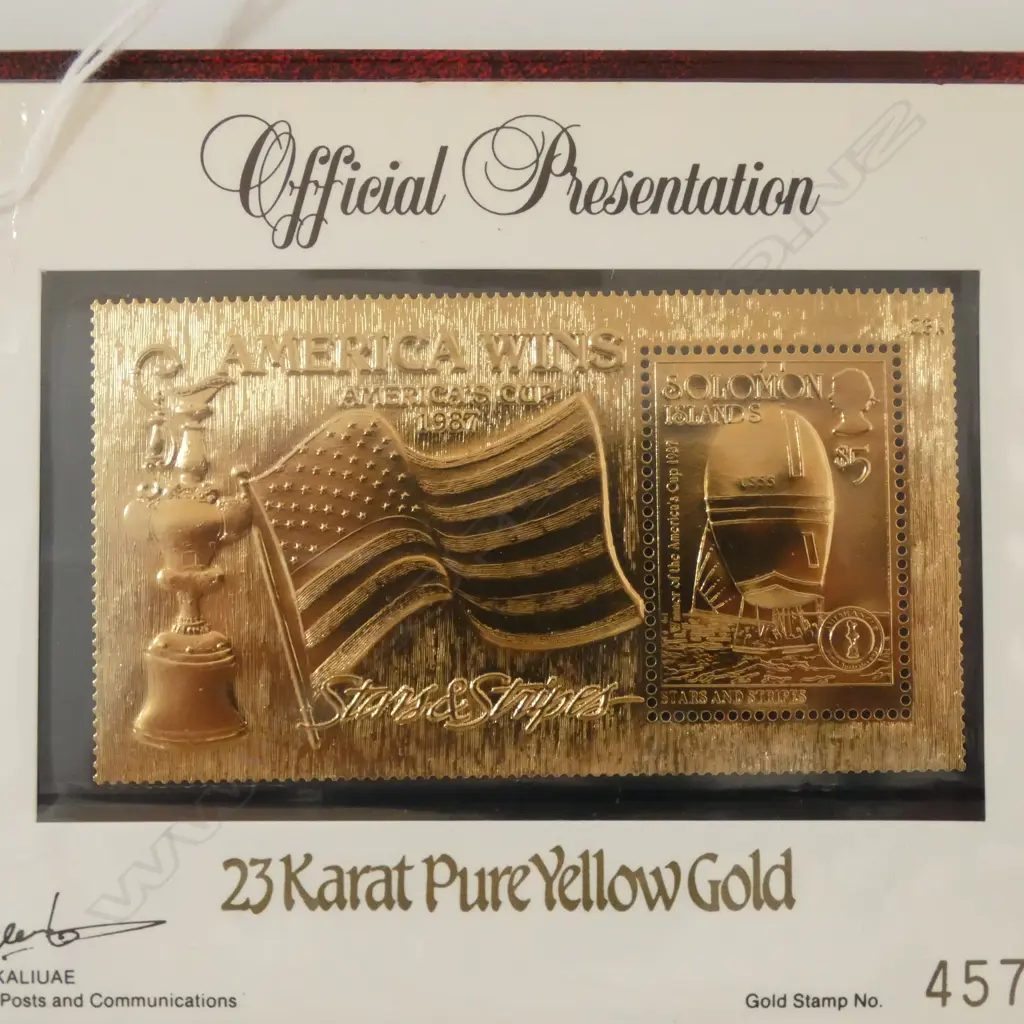 CASED AMERICA'S CUP WINNER 23ct GOLD STAMP 1987 No.4572 0.64gms Image 1++