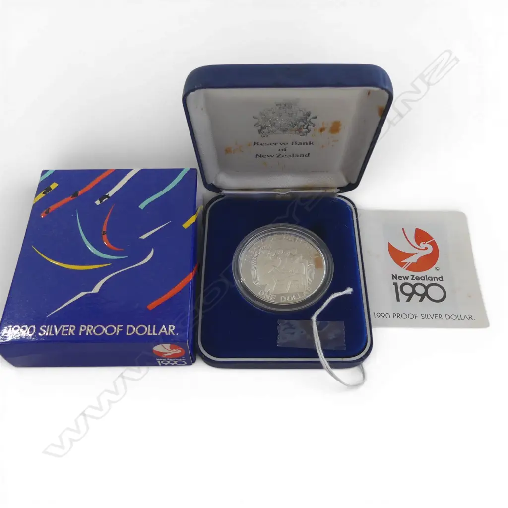 CASED N.Z. 1990 TREATY OF WAITANGI .925 SILVER PROOF $1 COIN 27.22gms Image 1++