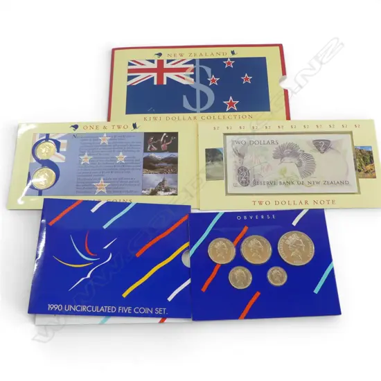 2 N.Z. COIN SETS; KIWI DOLLAR COLLECTION + 1990 UNCIRCULATED 5 COIN SET