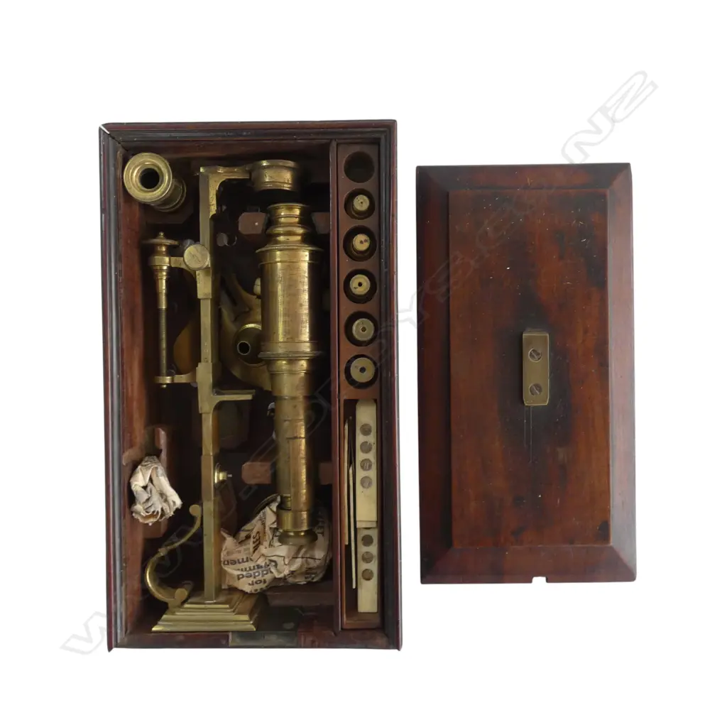 MAHOGANY CASED VINTAGE BRASS MICROSCOPE SET Image 1++