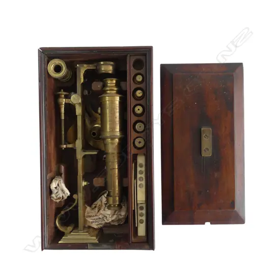 MAHOGANY CASED VINTAGE BRASS MICROSCOPE SET