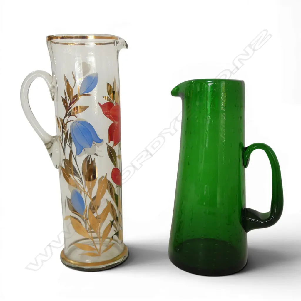 WHITEFRIARS RETRO BRISTOL GREEN GLASS WATER JUG H 280MM & HAND PAINTED CLEAR GLASS WATER JUG H340MM Image 1++