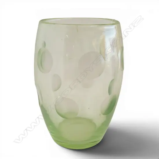 WHITE FRIARS SEA GREEN VASE WITH UNPOLISHED CIRCULAR CUT HIGHLIGHTS  DESIGNED BY BARNABY POWELL IN 1932 125 x 210mm