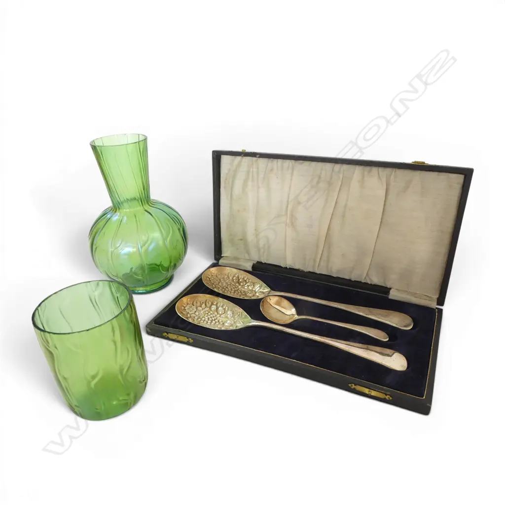 LOETZ IRIDESENT 1920S CARAFE & GLASS 1 CHIP H190MM & CASED SET EP BERRY SPOONS L270MM Image 1++