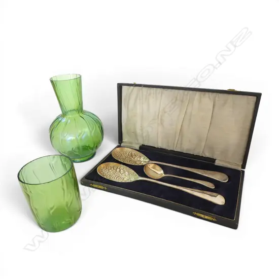 LOETZ IRIDESENT 1920S CARAFE & GLASS 1 CHIP H190MM & CASED SET EP BERRY SPOONS L270MM