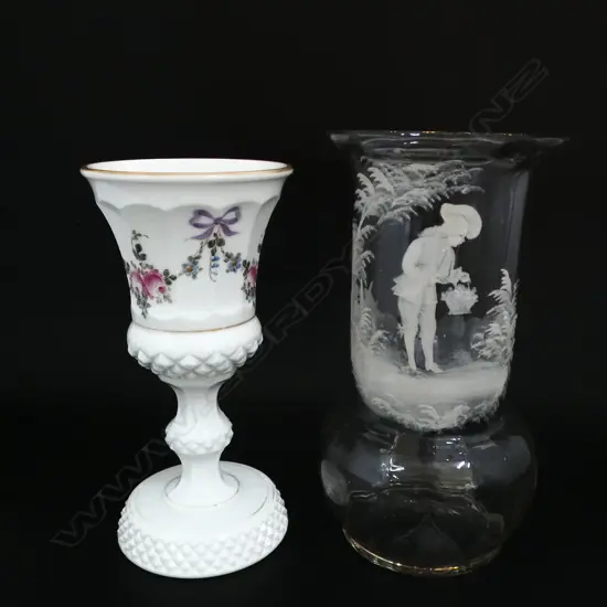 VICTORIAN CLEAR GLASS MARY GREGORY VASE H260MM & HAND PAINTED MILKGLASS GOBLET H240MM