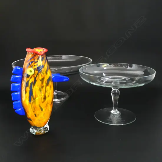 RETRO MURANO GLASS FISH L240MM & 2 CLEAR GLASS MID CENTURY COMPORTS DIA320 & 240MM