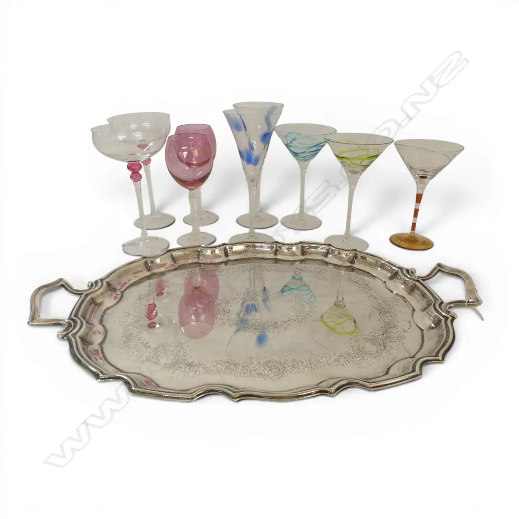 9 HAND BLOWEN TALL STEMMED WINE GLASSES H220MM ON EP GALLERY TRAY L600MM Image 1++