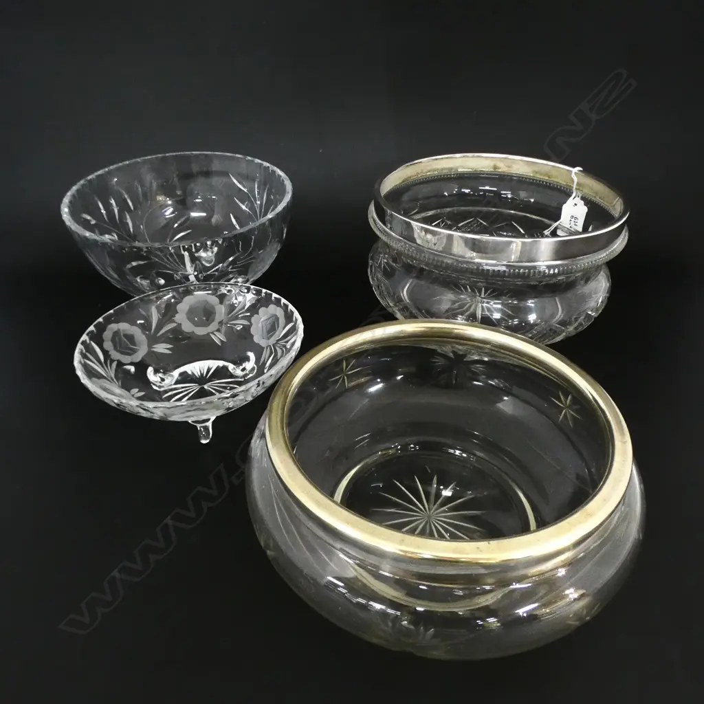 FOUR CUT CRYSTAL SERVING BOWLS 2 FLORAL & 2 W. SILVERPLATED RIMS, D.150MM-210MM Image 1++