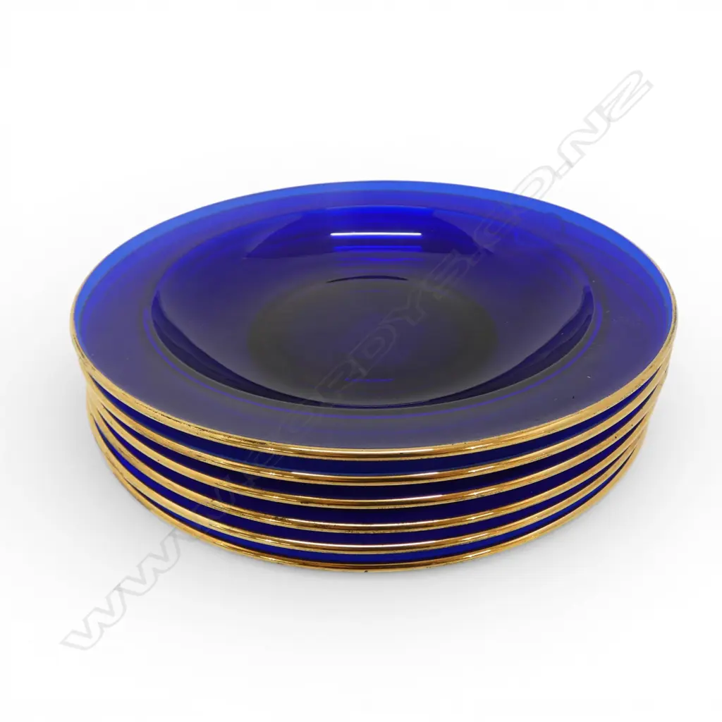 SET OF 6 FRENCH SAPHIRE BLUE GLASS BOWLS 20K GOLD TRIM, D.220MM Image 1++