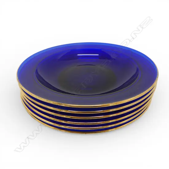 SET OF 6 FRENCH SAPHIRE BLUE GLASS BOWLS 20K GOLD TRIM, D.220MM