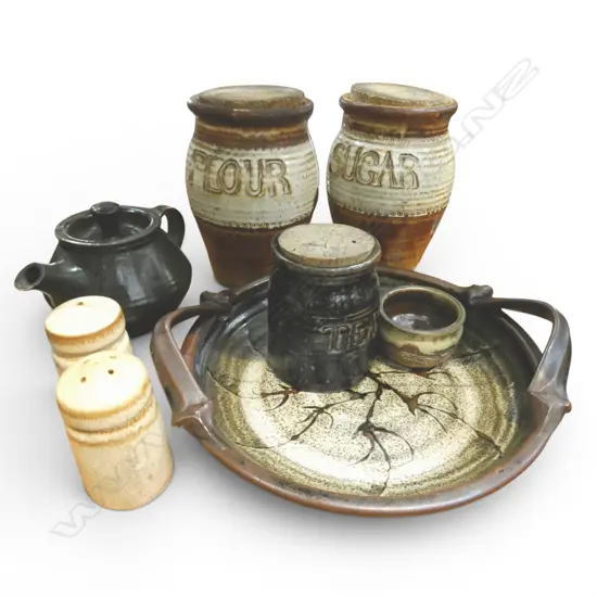 3 CARRICK OLIVER STORAGE JARS, 2 SALT & PEPPERS & TEAPOT + DISH & BOWL BY UNKOWN POTTER