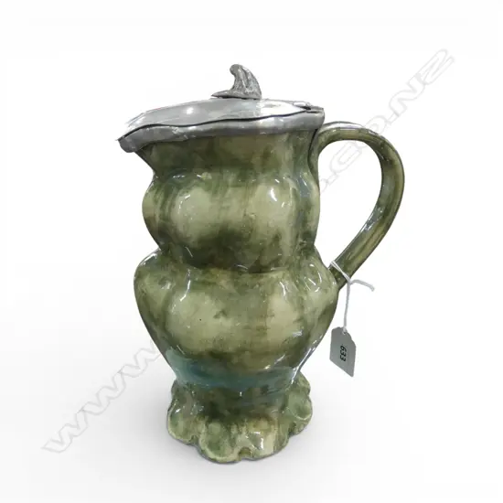 PEWTER LIDDED POTTERY JUG incised mark to base H.300mm