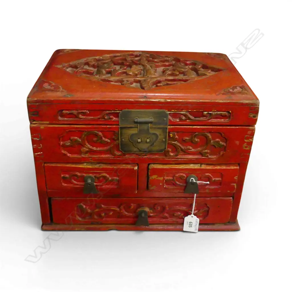 VINTAGE CARVED  RED PAINTED CHINESE TREASURE BOX H250 L330MM Image 1++