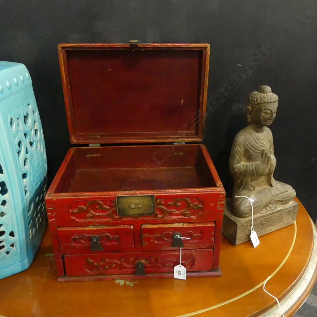 VINTAGE CARVED  RED PAINTED CHINESE TREASURE BOX H250 L330MM Image 1++