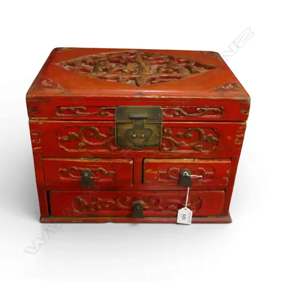 VINTAGE CARVED  RED PAINTED CHINESE TREASURE BOX H250 L330MM