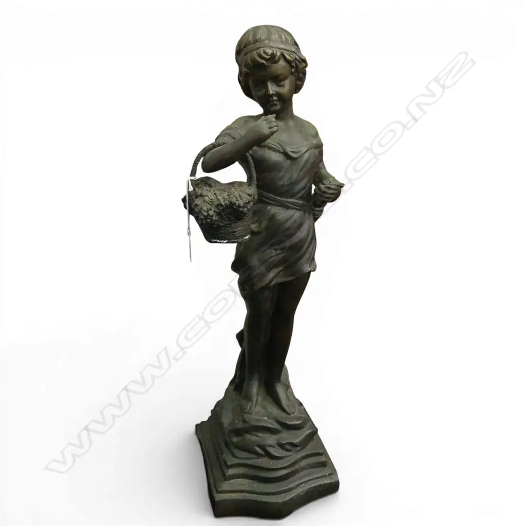 VINTAGE BRONZE FIGURE CHILD WITH BASKET H640MM Image 1++