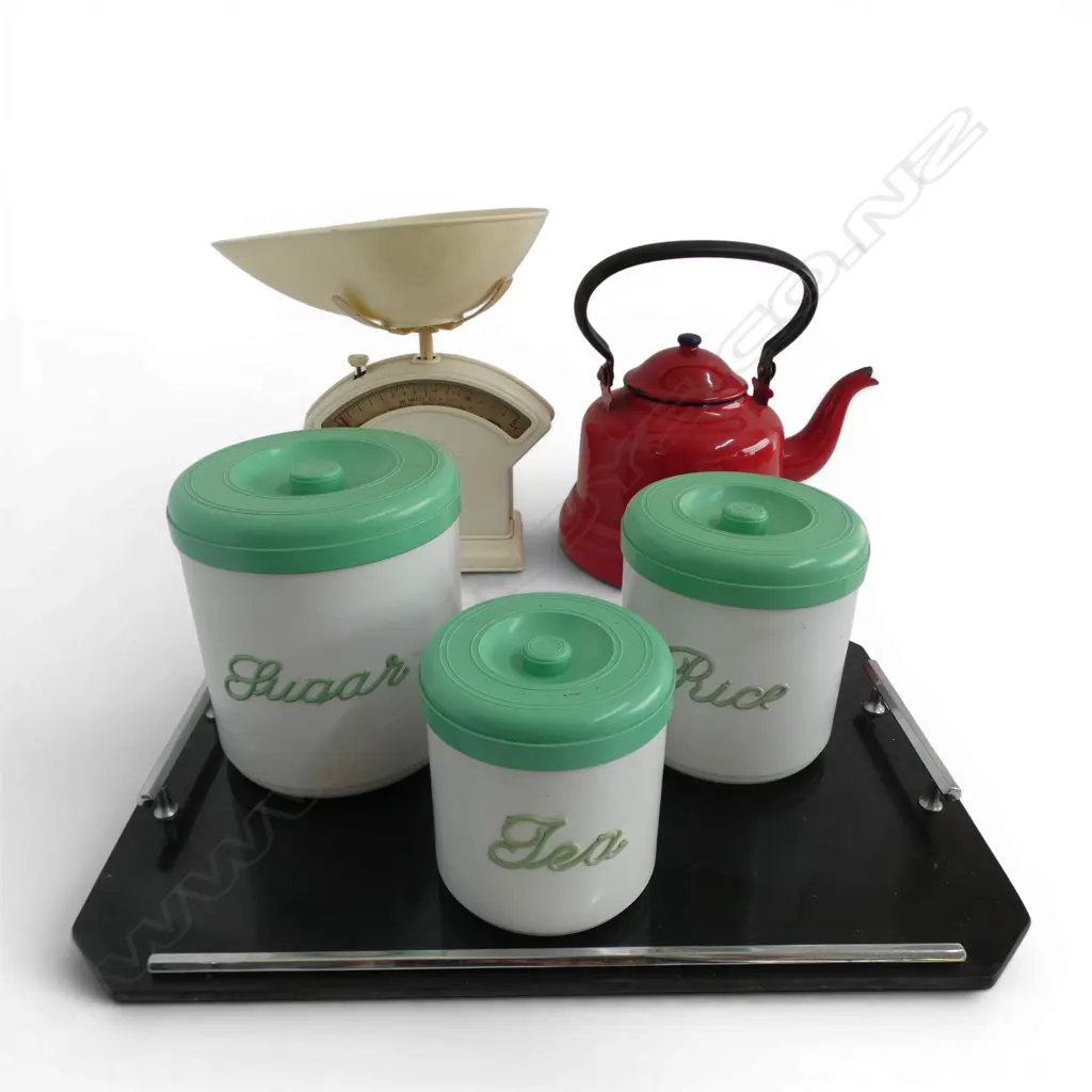 DECO TRAY W.460mm, SALTER SCALES, 3 KITCHEN CONTAINERS, RED ENAMEL KETTLE Image 1++