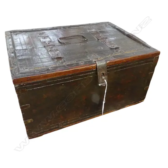 ANTIQUE METAL BOUND BOX fitted interior 390x290x205mm
